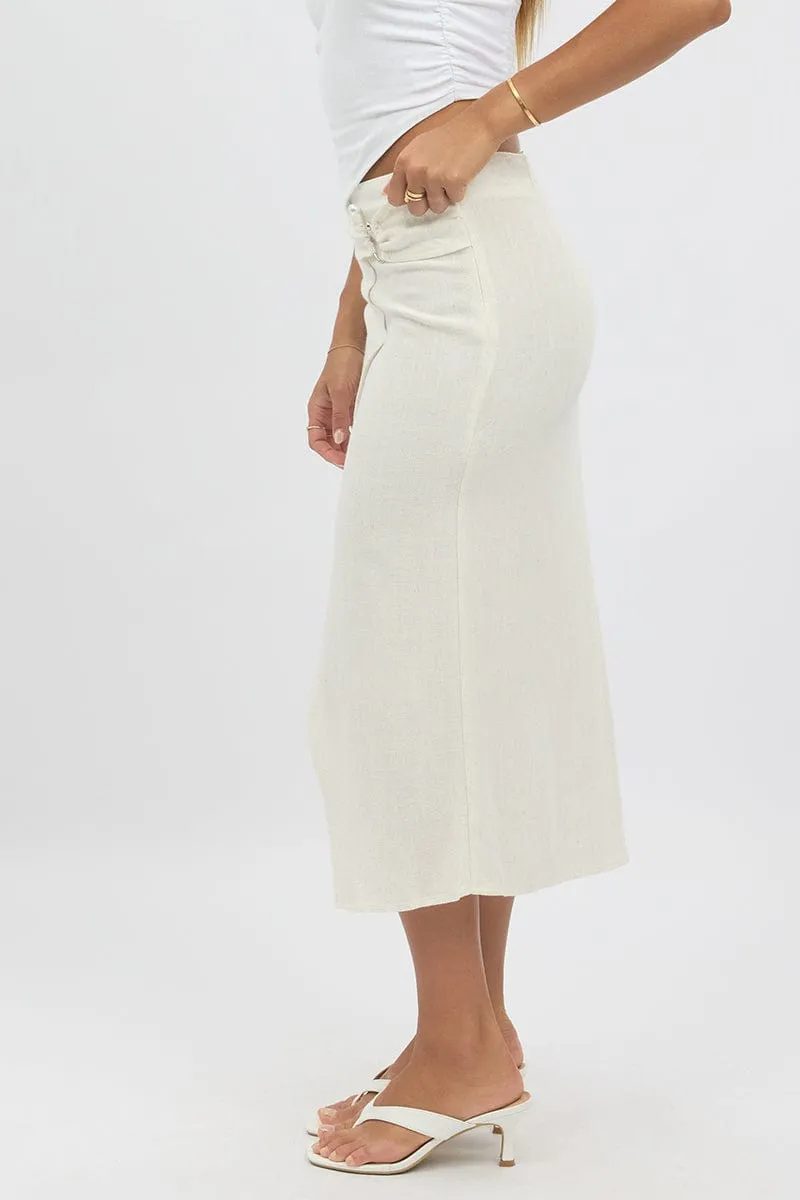 Beige Midaxi Skirt Buckle Detail Linen Blend