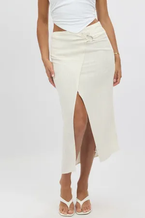 Beige Midaxi Skirt Buckle Detail Linen Blend