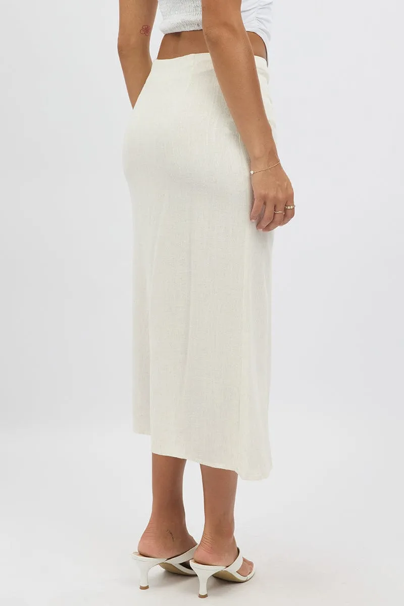 Beige Midaxi Skirt Buckle Detail Linen Blend