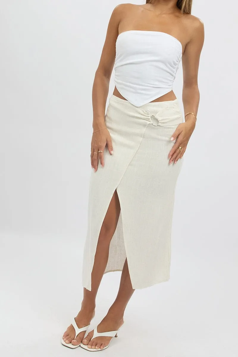 Beige Midaxi Skirt Buckle Detail Linen Blend