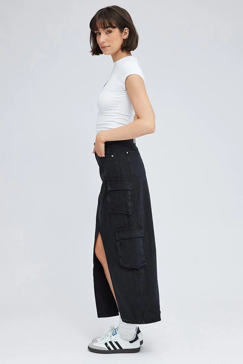 Black Cargo Skirt Mid Rise Maxi Utility Pocket Details