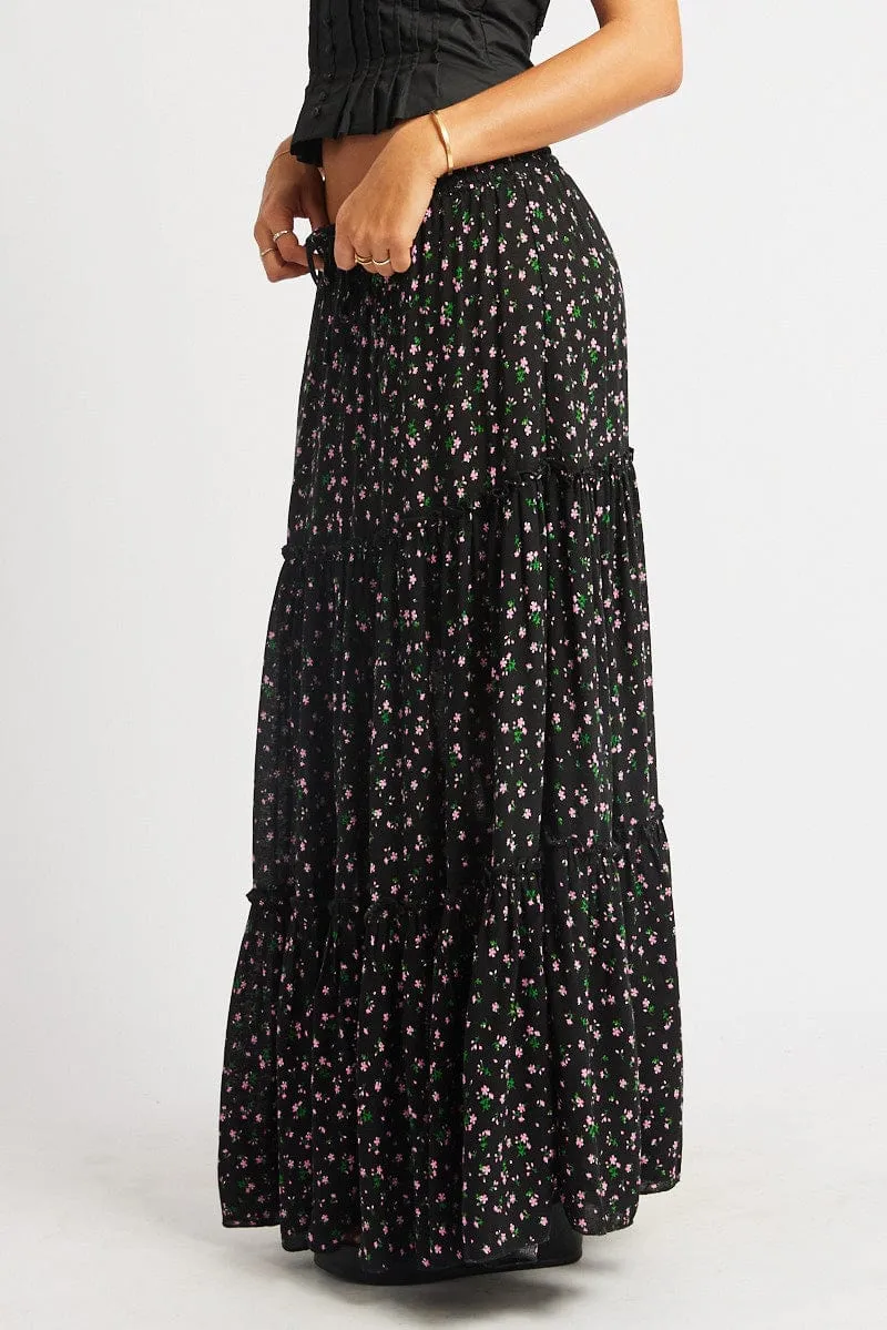 Black Ditsy Maxi Skirt Tiered High Rise Elastic Waistband