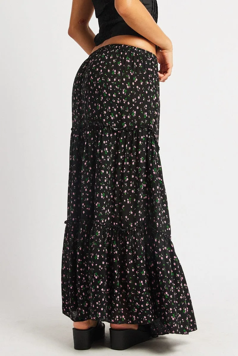Black Ditsy Maxi Skirt Tiered High Rise Elastic Waistband