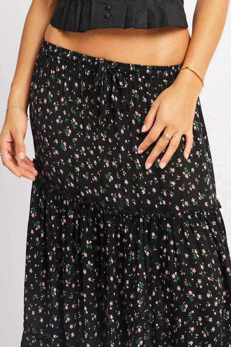 Black Ditsy Maxi Skirt Tiered High Rise Elastic Waistband