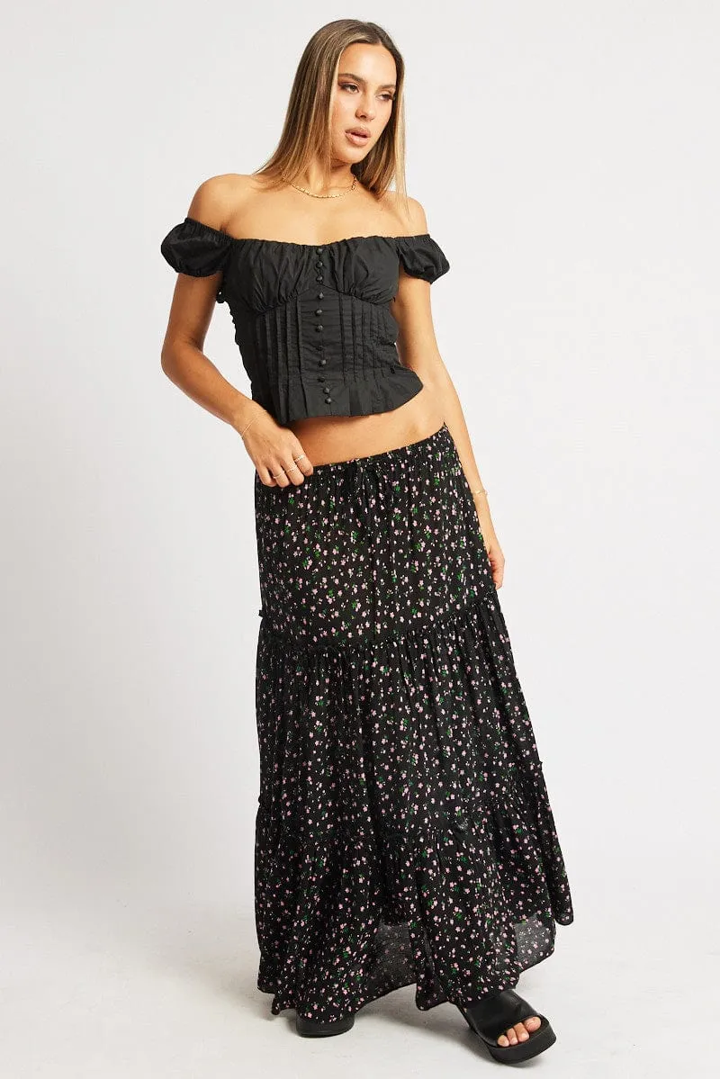Black Ditsy Maxi Skirt Tiered High Rise Elastic Waistband