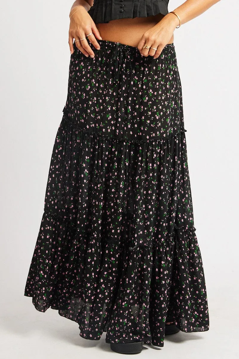 Black Ditsy Maxi Skirt Tiered High Rise Elastic Waistband