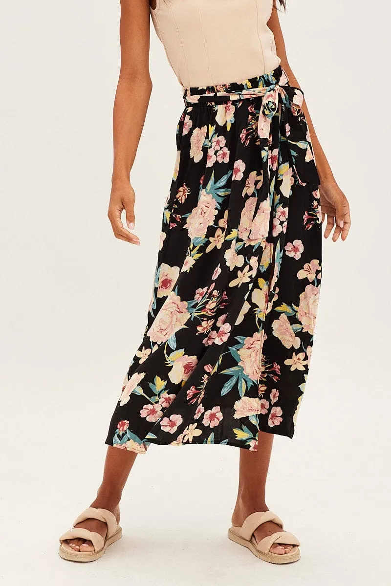 Black Floral High Waist Front Slit Floral Midi Skirt