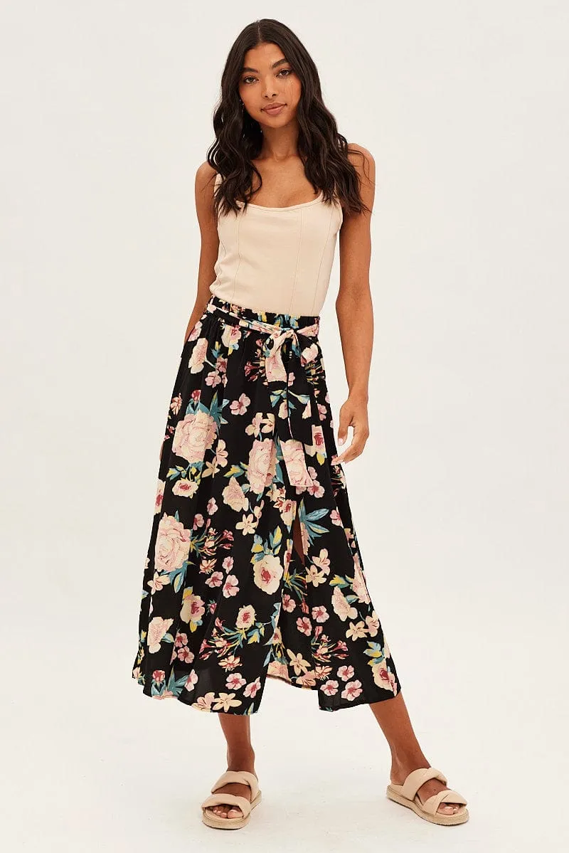Black Floral High Waist Front Slit Floral Midi Skirt