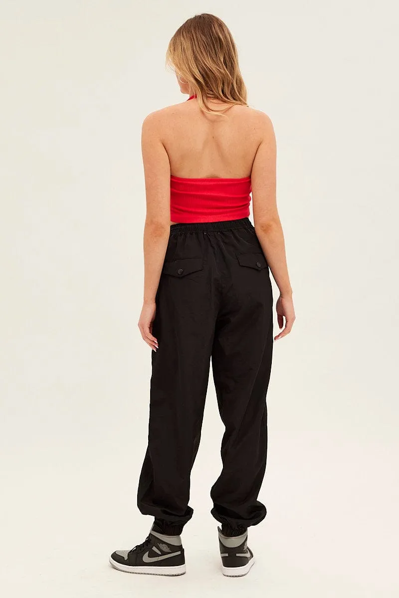 Black Parachute Cargo Pants Mid Rise