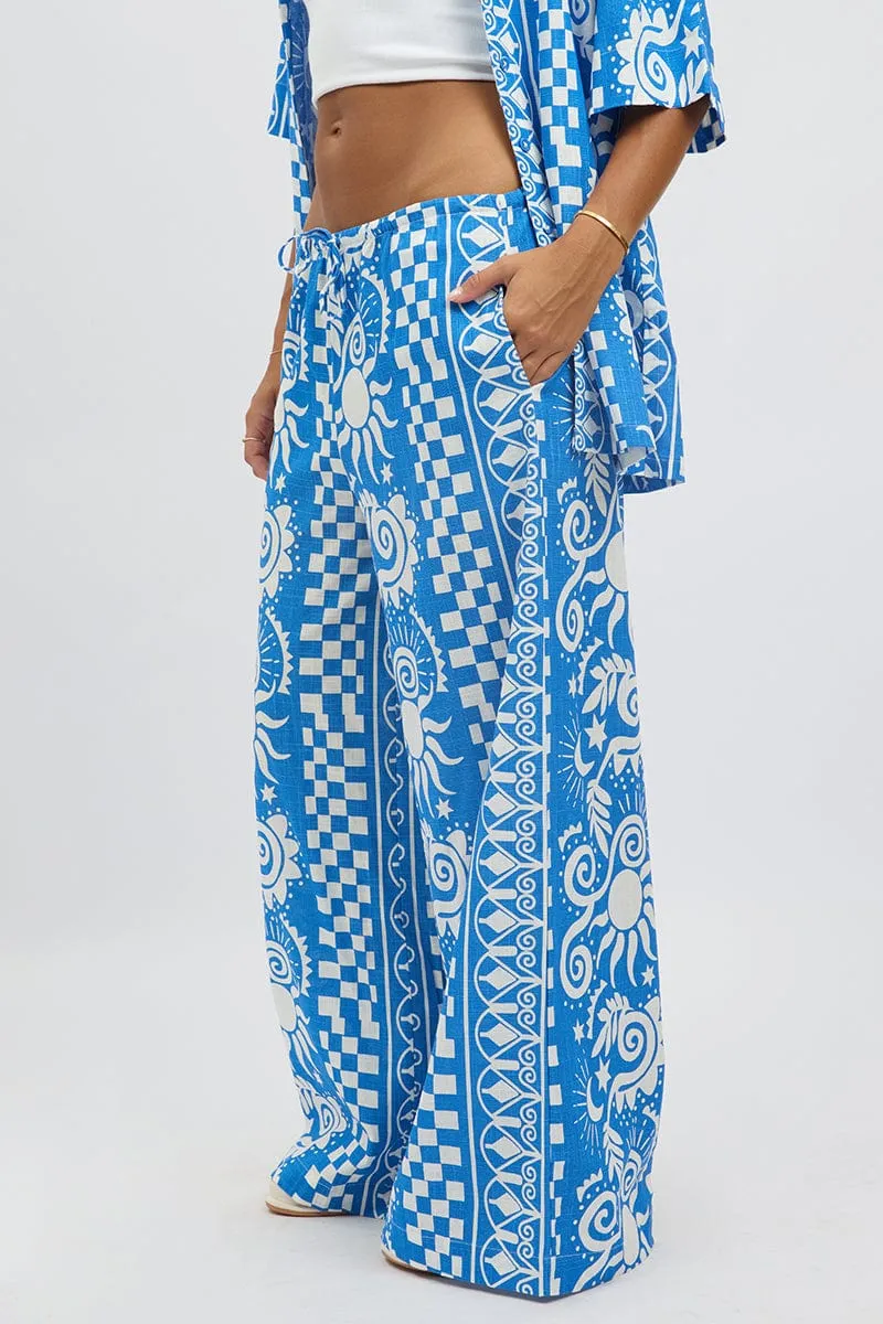 Blue Abstract Wide Leg Pants High Rise