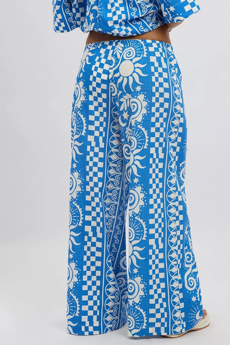 Blue Abstract Wide Leg Pants High Rise
