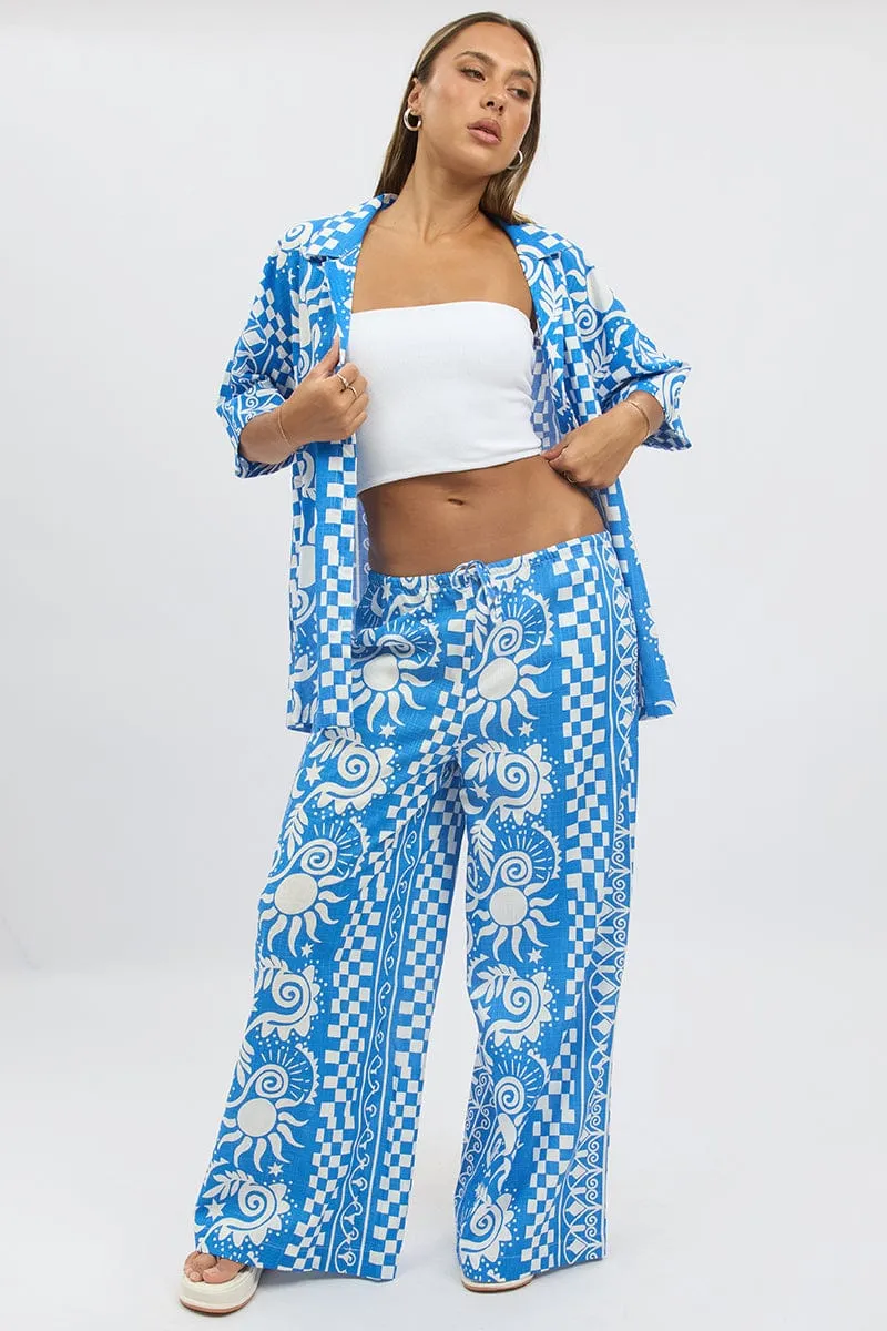 Blue Abstract Wide Leg Pants High Rise
