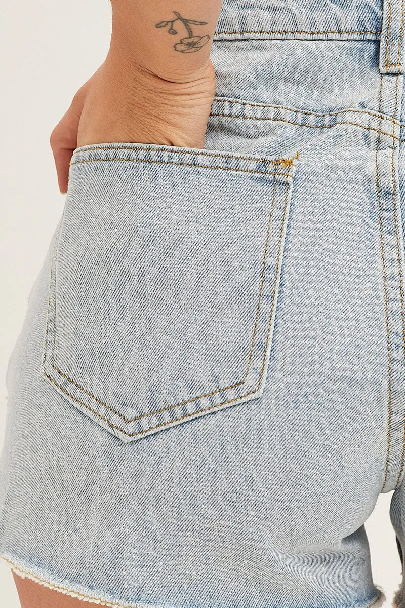 Blue Denim Shorts High Rise Raw Hem Relaxed