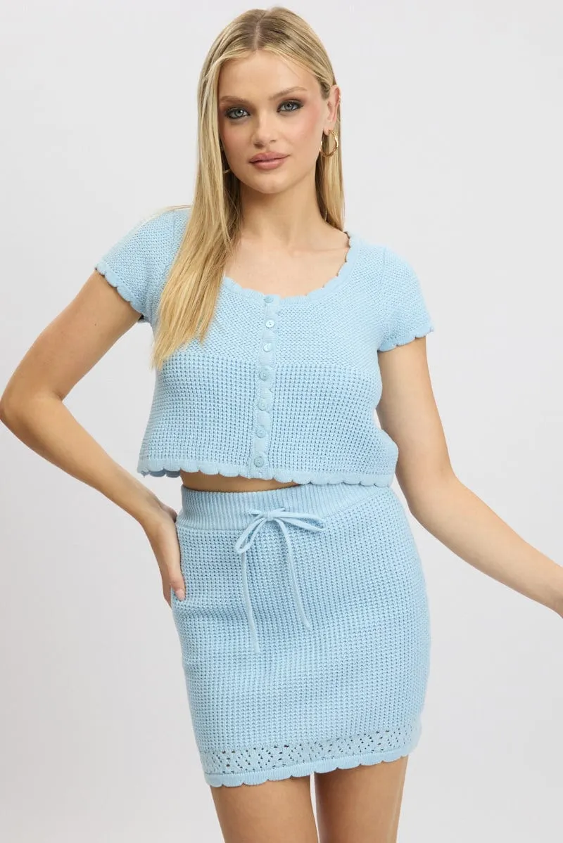 Blue Knit Skirt High Waisted Mini Crochet