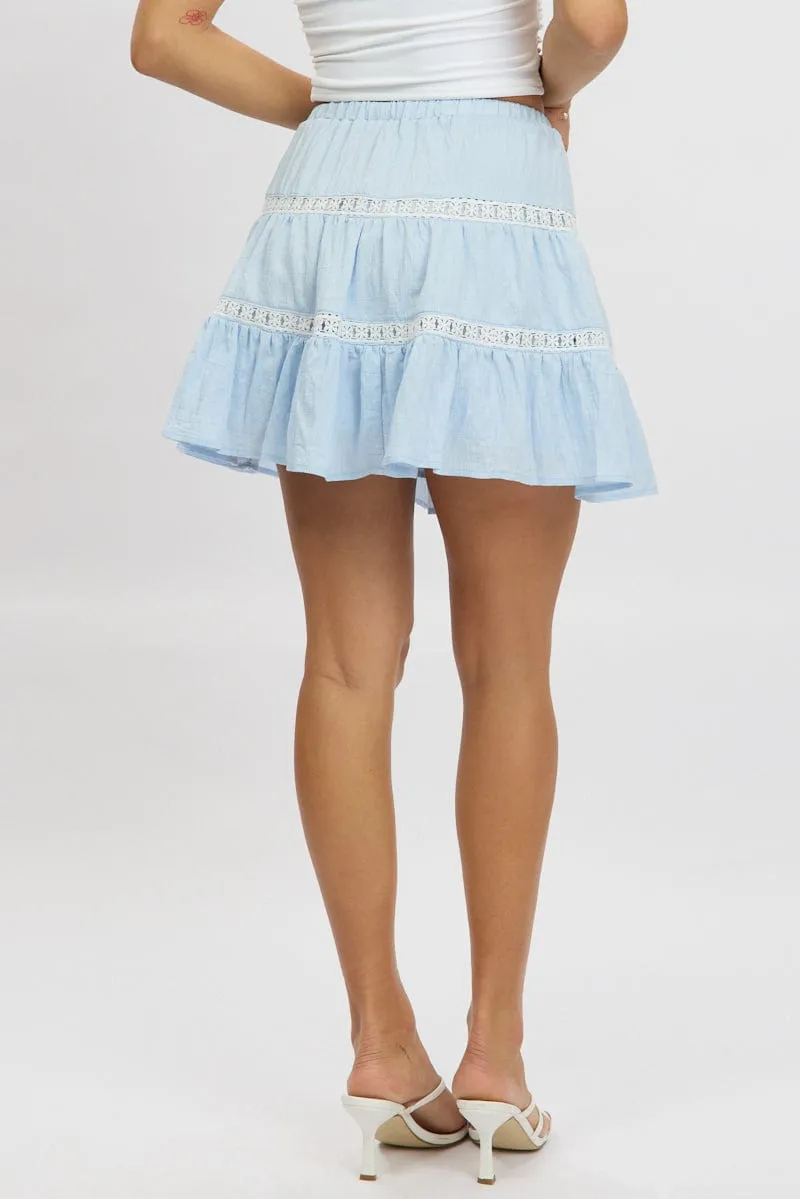 Blue Skater Skirt Tiered High Rise Mini Lace Insert