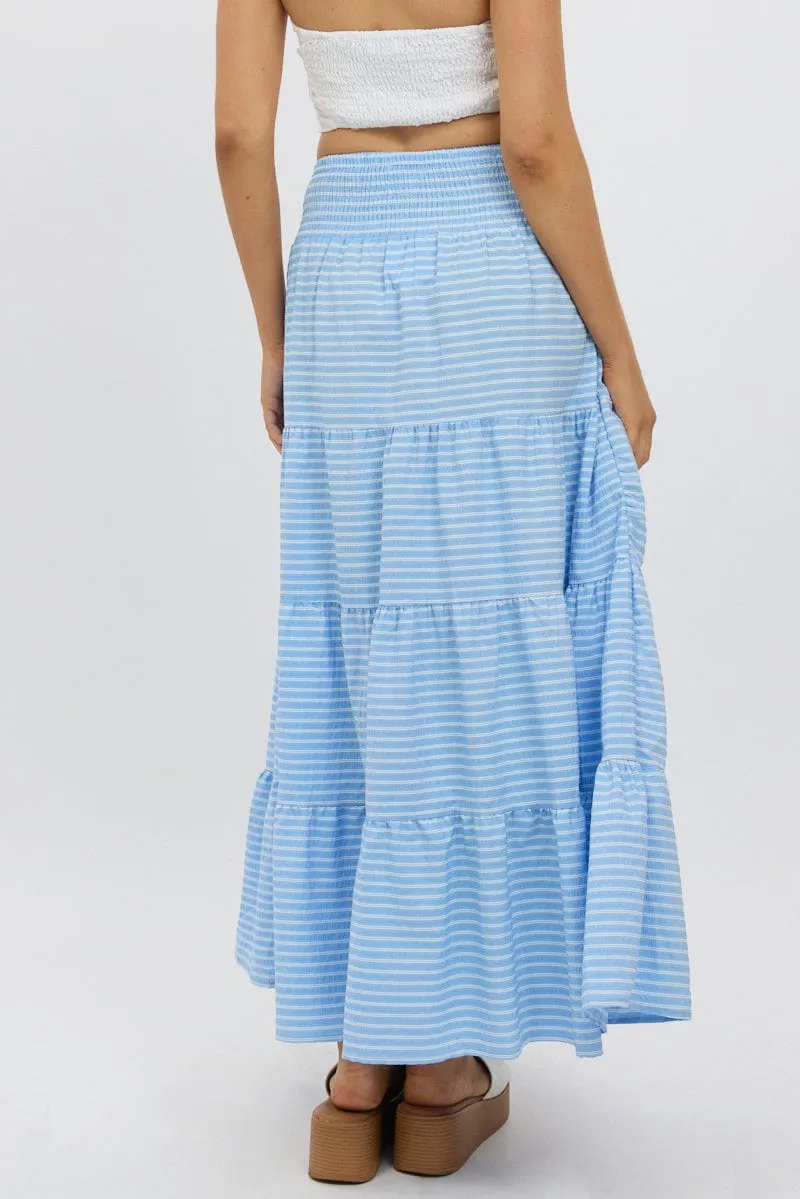 Blue Stripe Maxi Skirt Shirred Waist Tiered Relaxed Fit