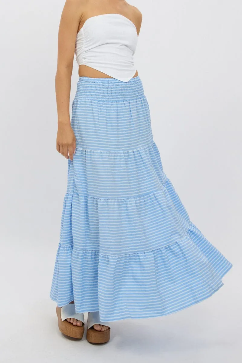 Blue Stripe Maxi Skirt Shirred Waist Tiered Relaxed Fit