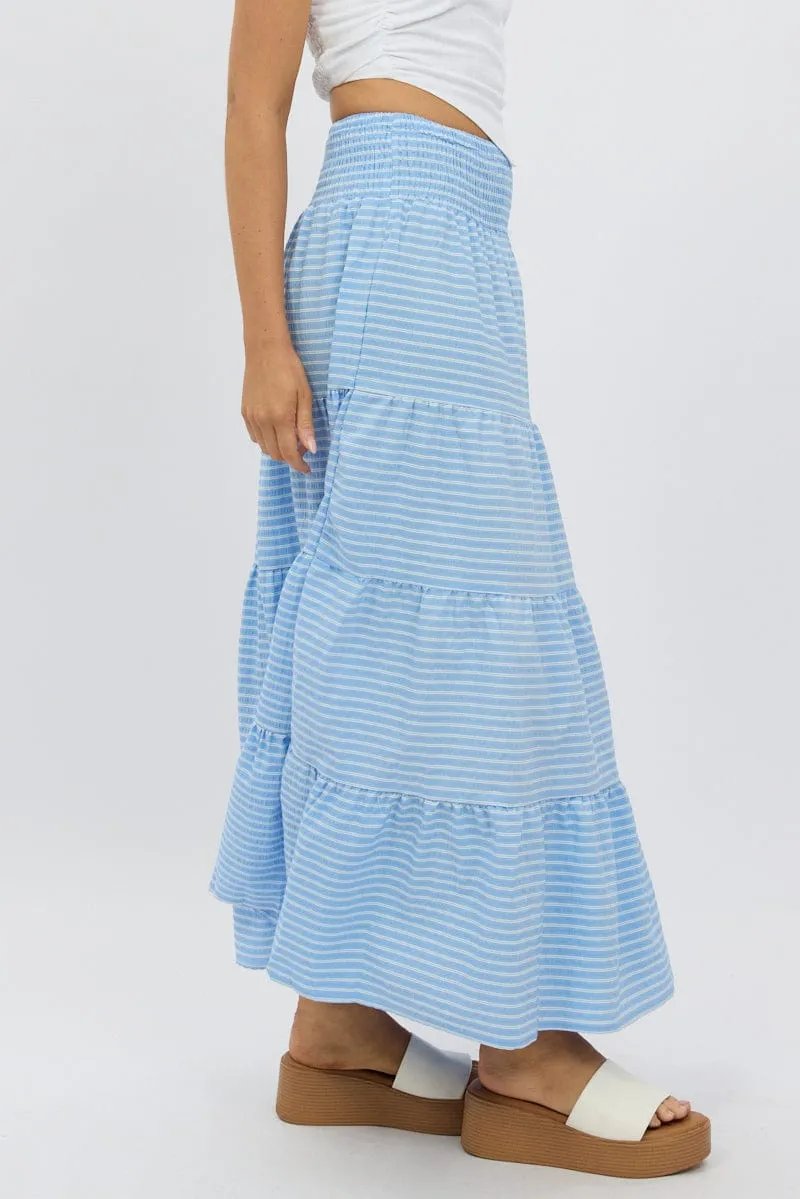 Blue Stripe Maxi Skirt Shirred Waist Tiered Relaxed Fit