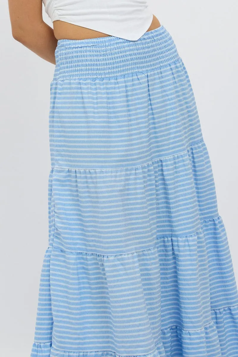 Blue Stripe Maxi Skirt Shirred Waist Tiered Relaxed Fit