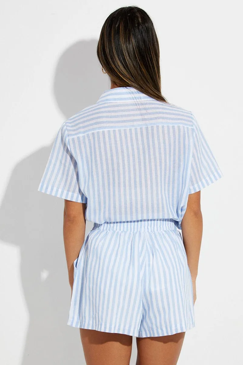 Blue Stripe Mini Shorts High Rise Cotton Blend