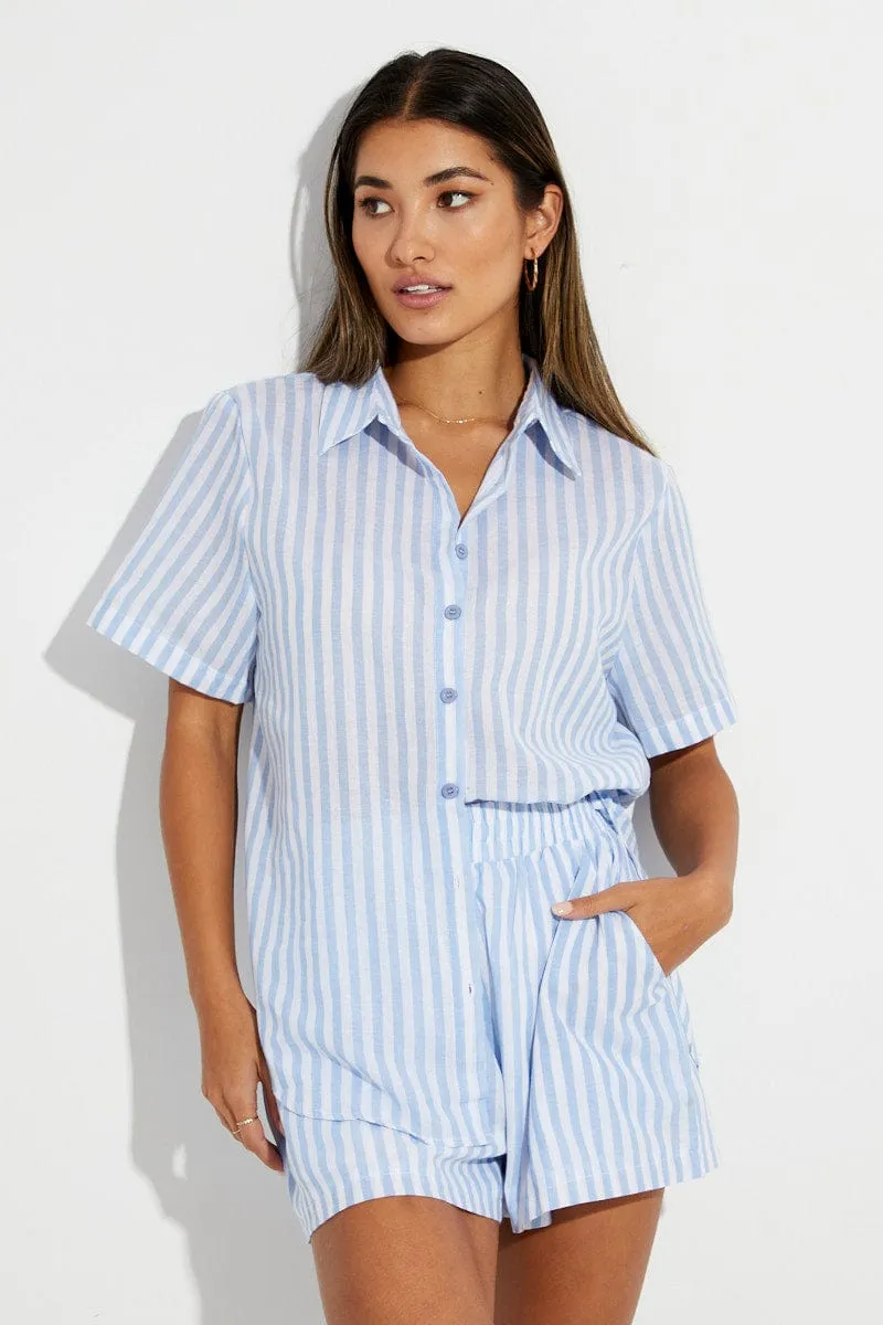 Blue Stripe Mini Shorts High Rise Cotton Blend