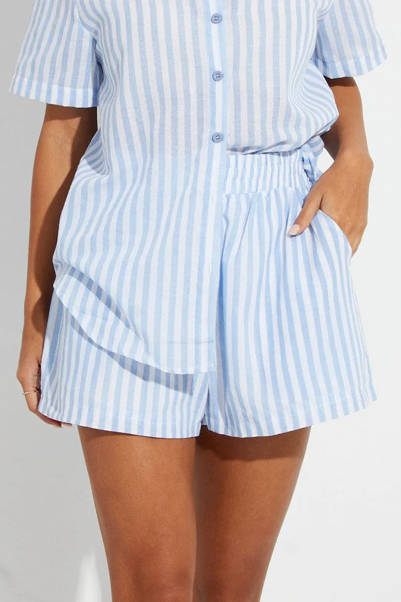 Blue Stripe Mini Shorts High Rise Cotton Blend