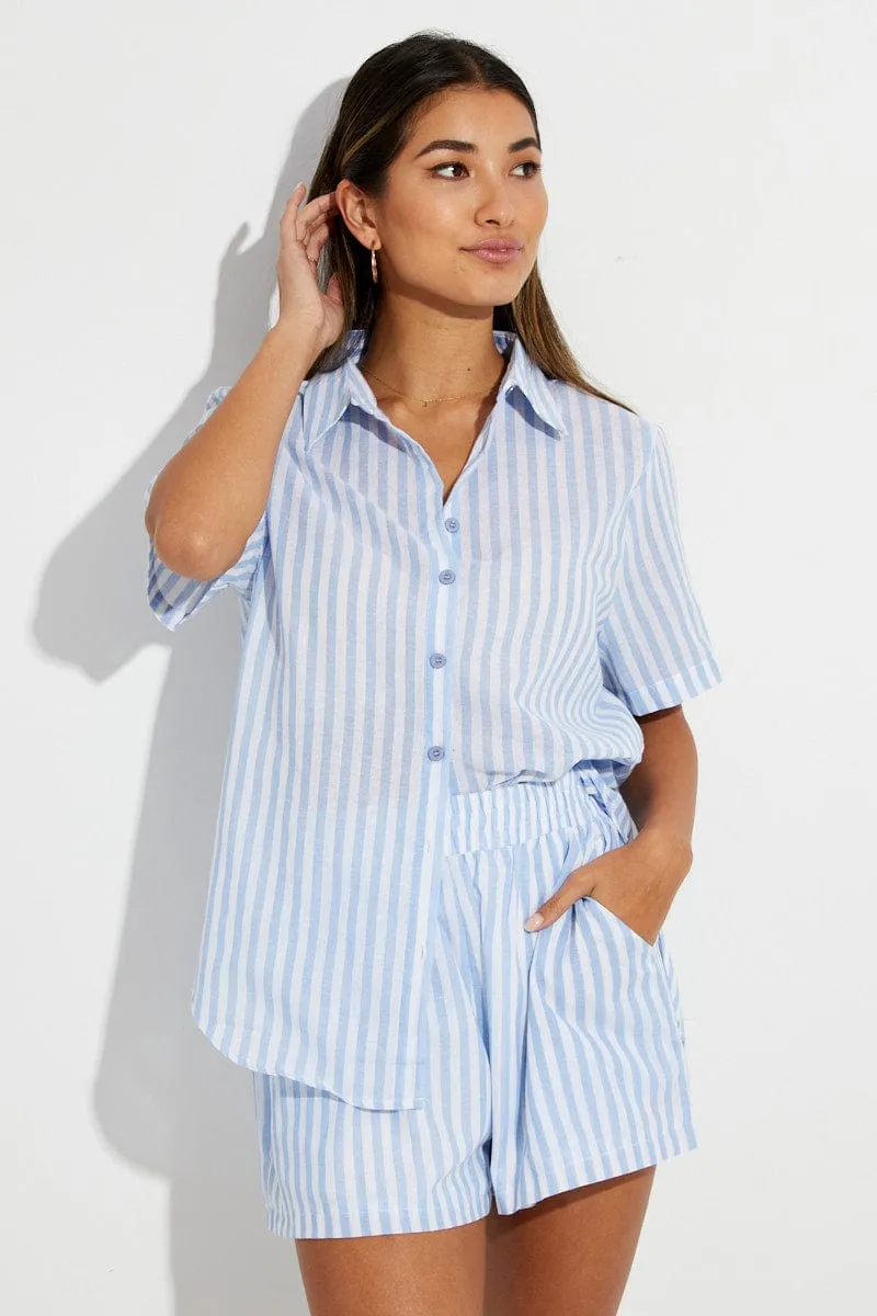 Blue Stripe Mini Shorts High Rise Cotton Blend