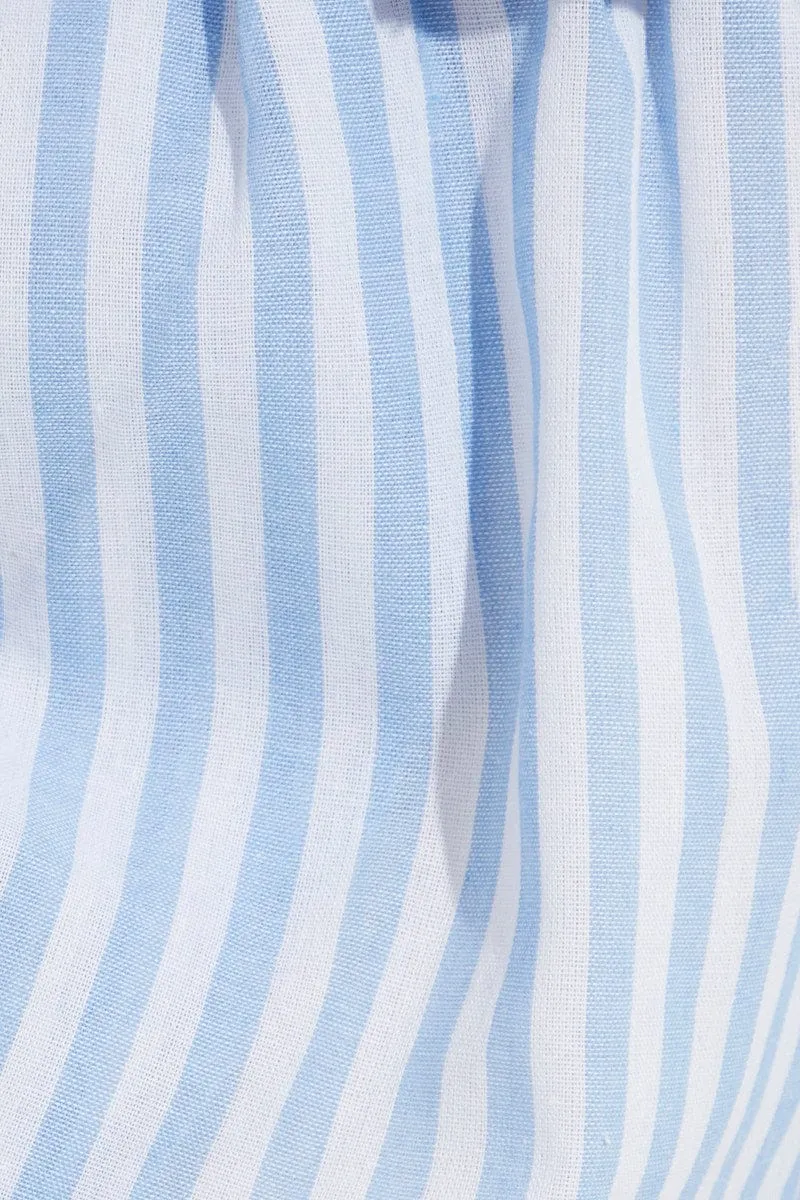 Blue Stripe Mini Shorts High Rise Cotton Blend