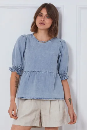 Blue Top Short Sleeve Relaxed Linen