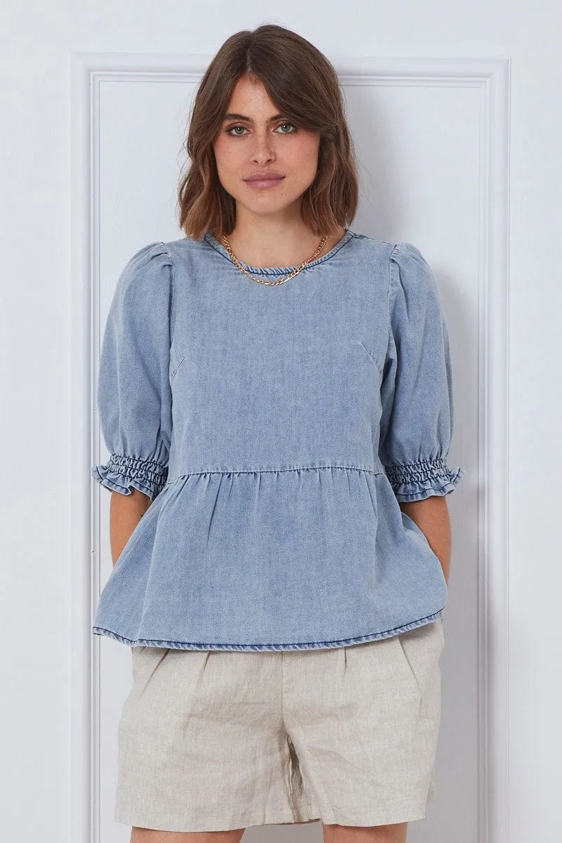 Blue Top Short Sleeve Relaxed Linen