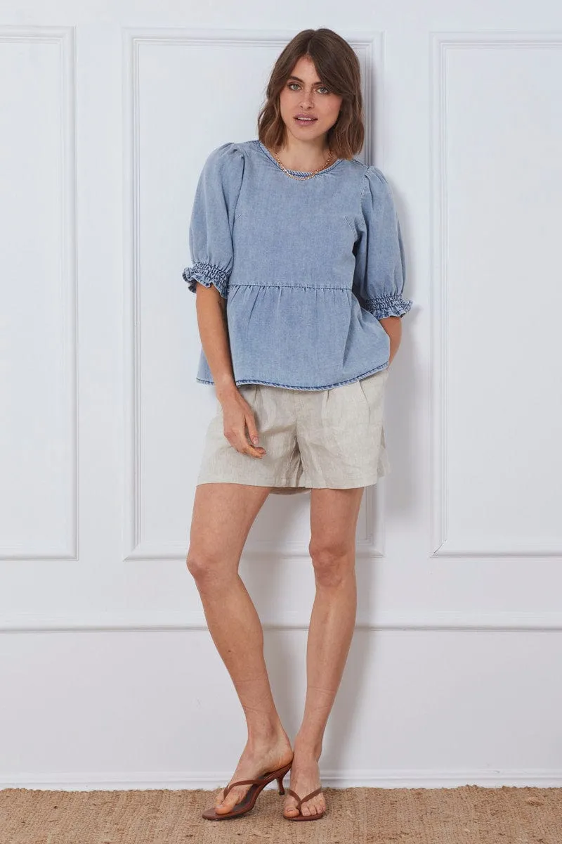 Blue Top Short Sleeve Relaxed Linen