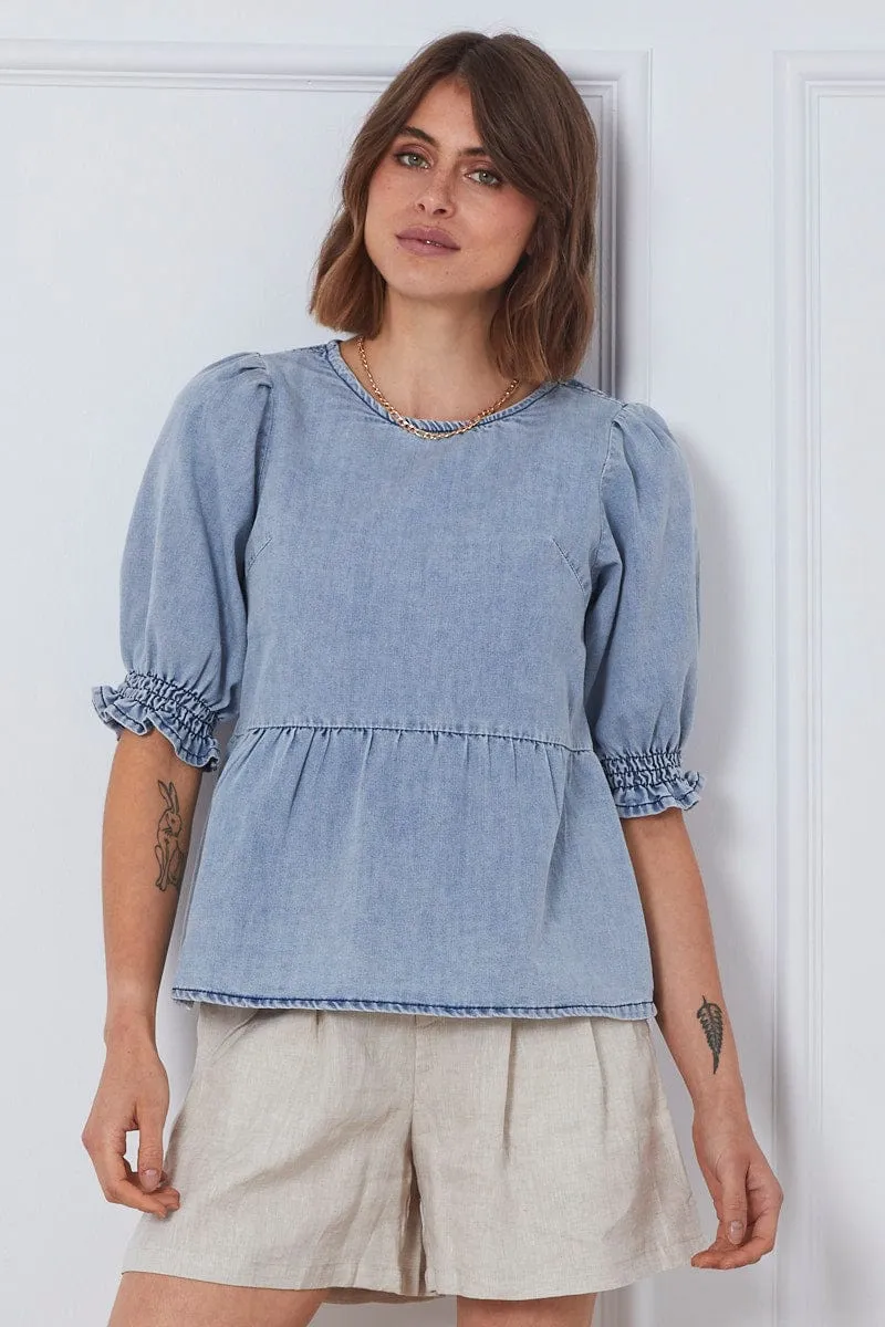 Blue Top Short Sleeve Relaxed Linen
