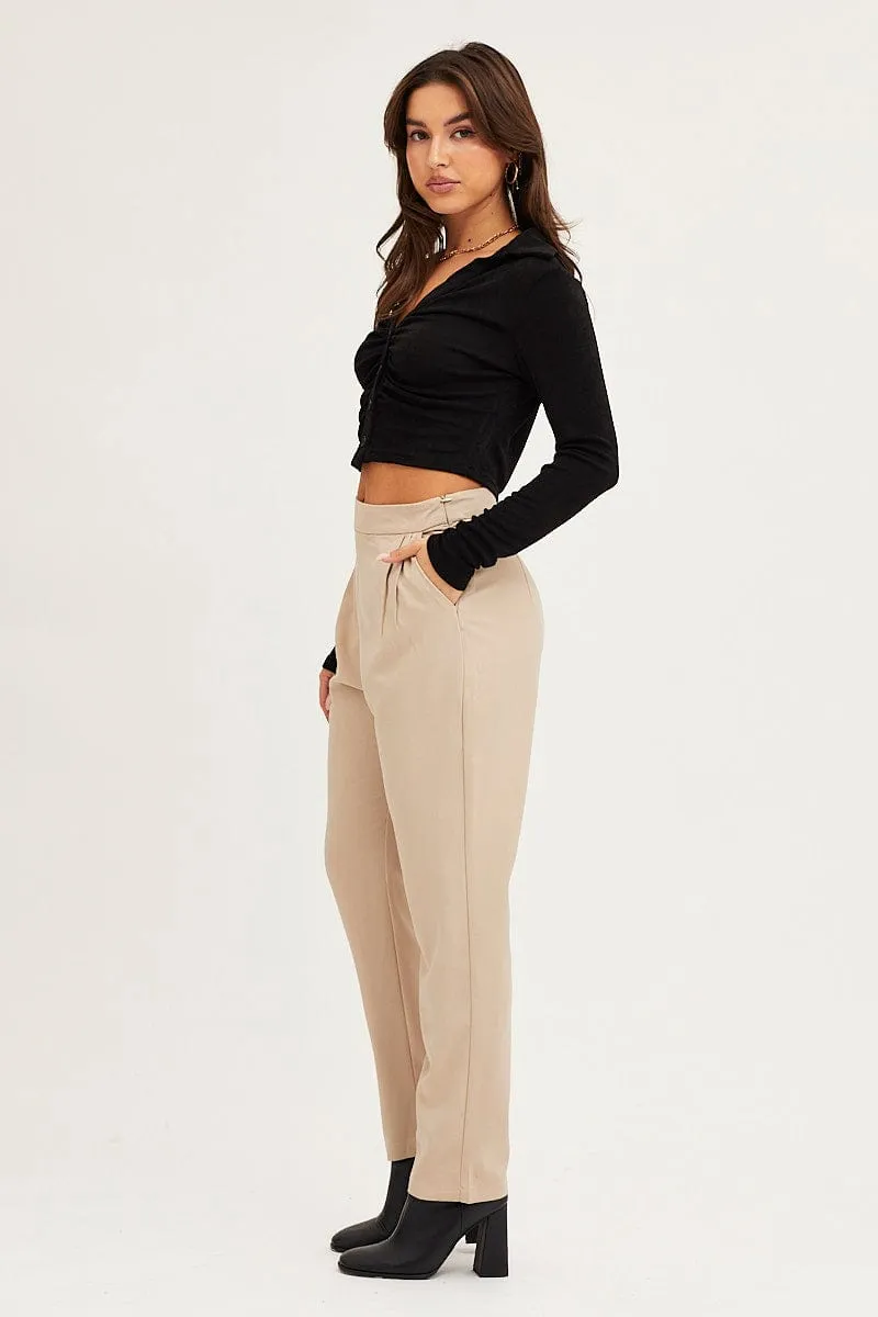 Brown Cropped Pants High Waist Workwear