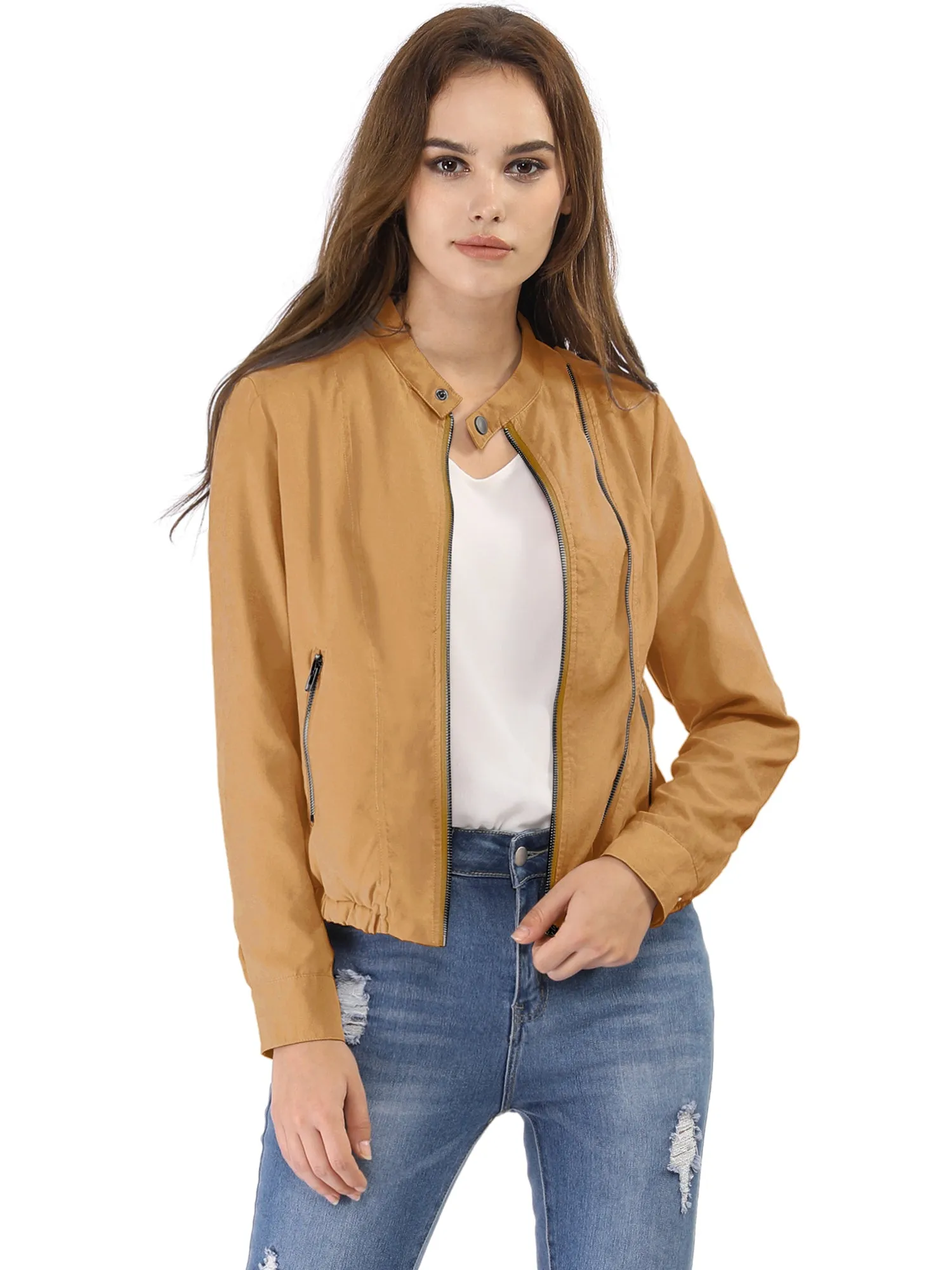 Casual Stand Collar Pocket Short Biker Lightweight Moto Jacket