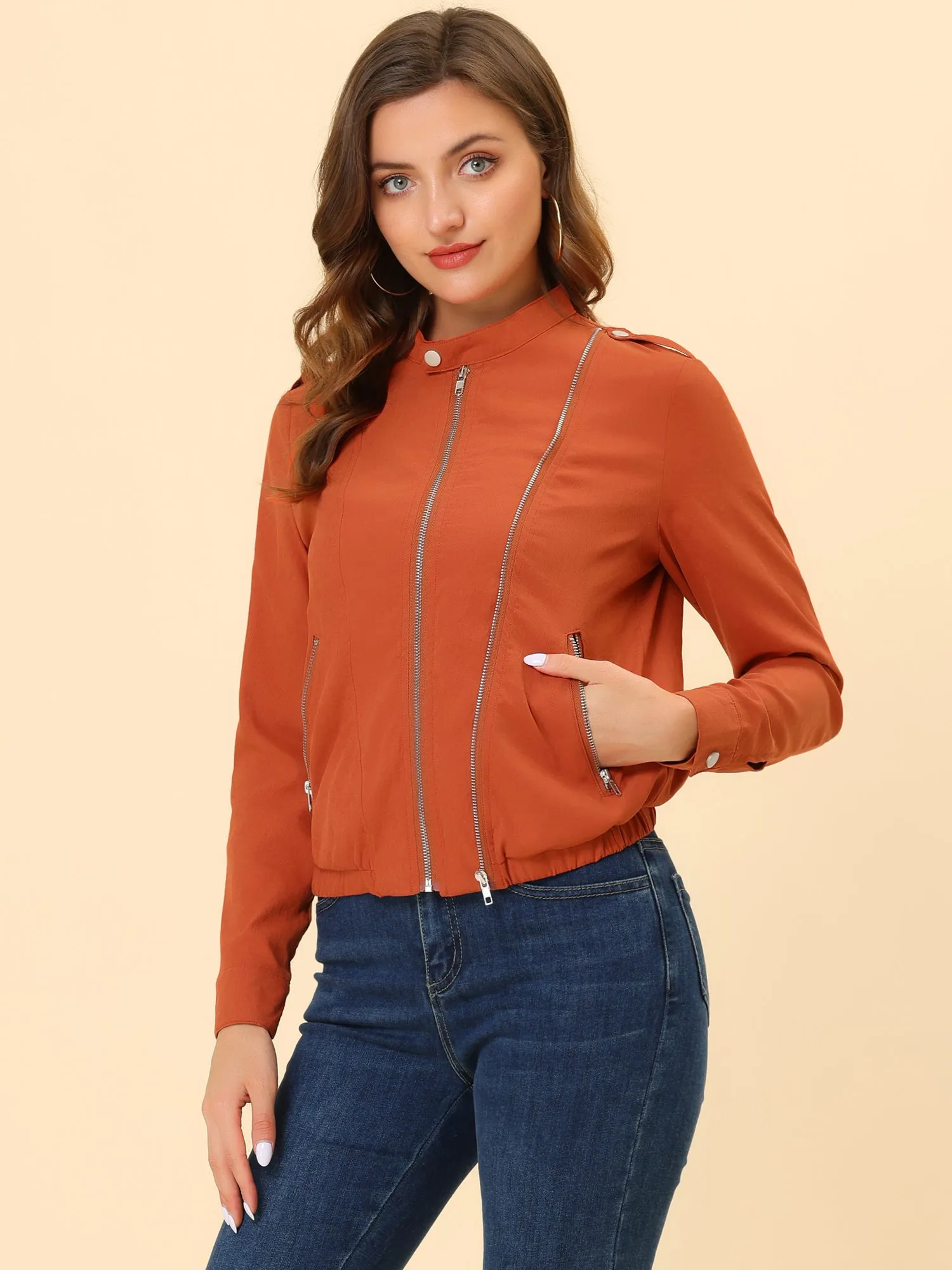 Casual Stand Collar Pocket Short Biker Lightweight Moto Jacket