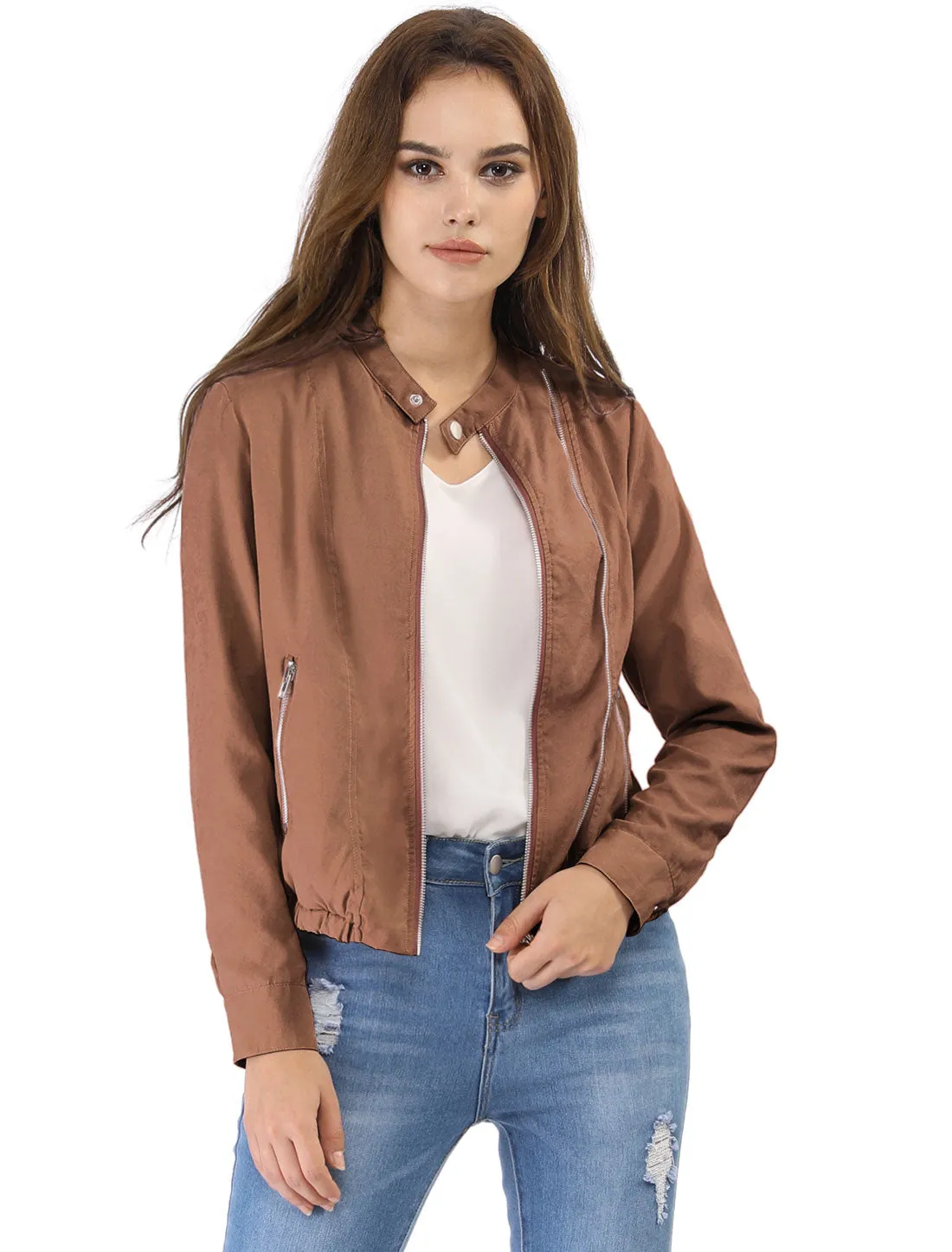 Casual Stand Collar Pocket Short Biker Lightweight Moto Jacket