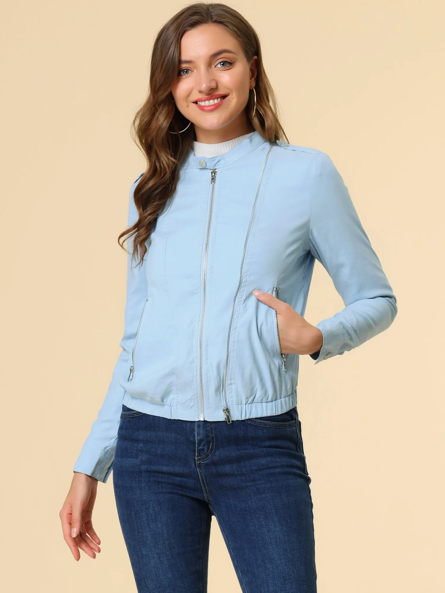 Casual Stand Collar Pocket Short Biker Lightweight Moto Jacket