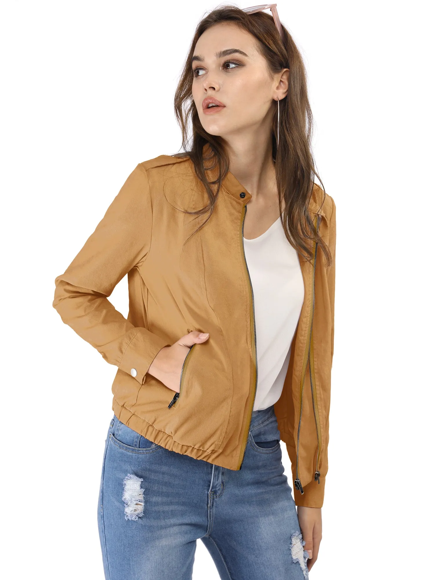 Casual Stand Collar Pocket Short Biker Lightweight Moto Jacket