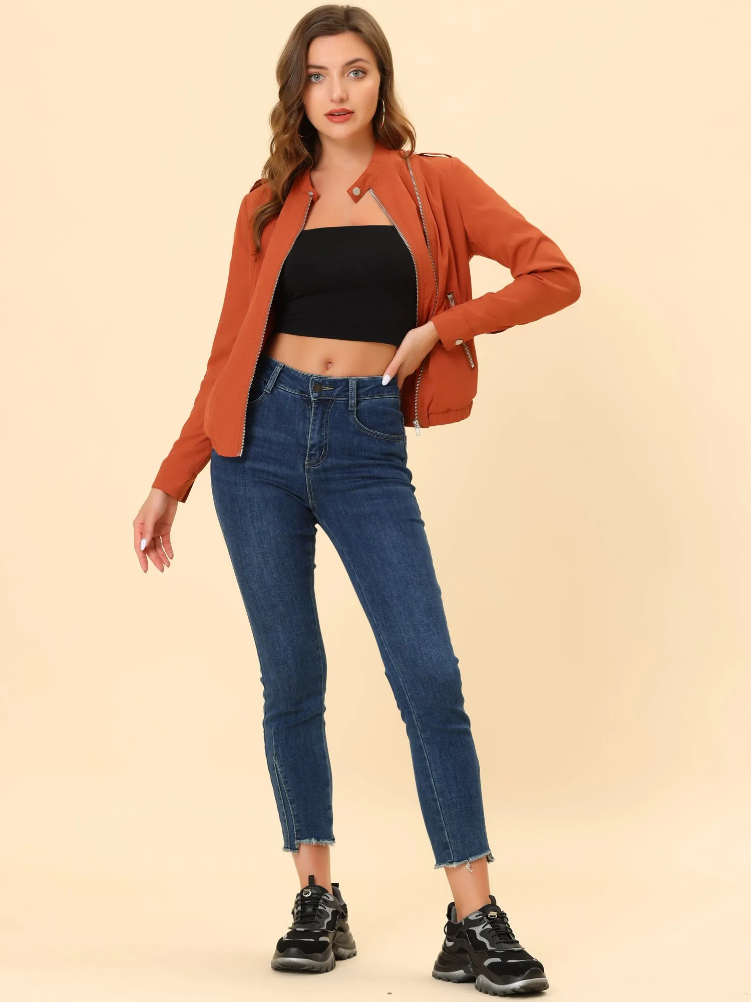 Casual Stand Collar Pocket Short Biker Lightweight Moto Jacket