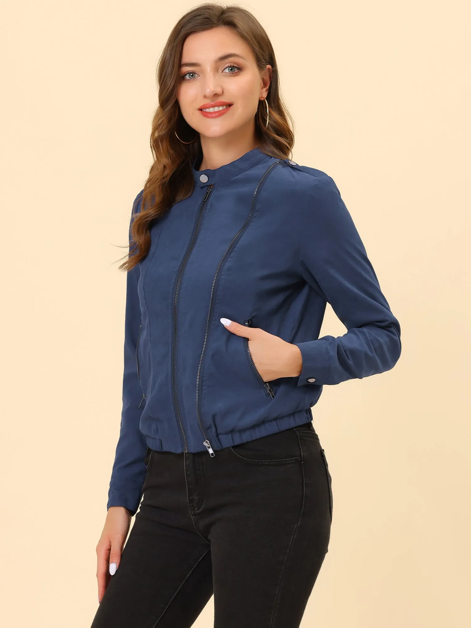 Casual Stand Collar Pocket Short Biker Lightweight Moto Jacket