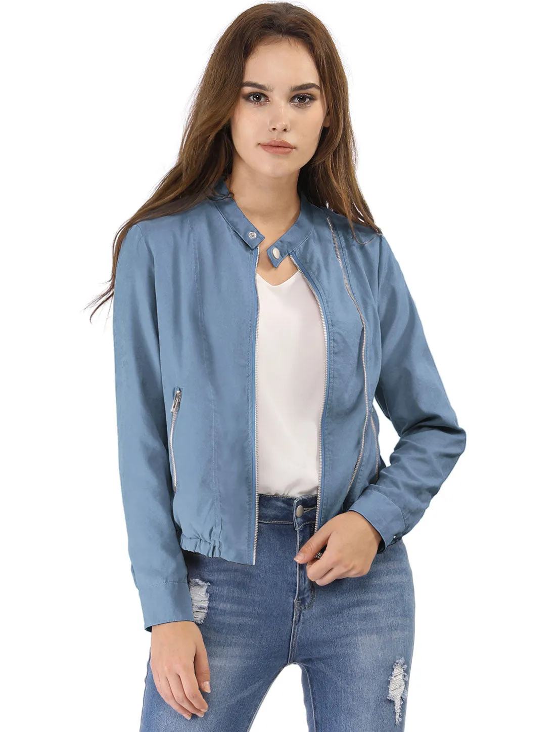 Casual Stand Collar Pocket Short Biker Lightweight Moto Jacket