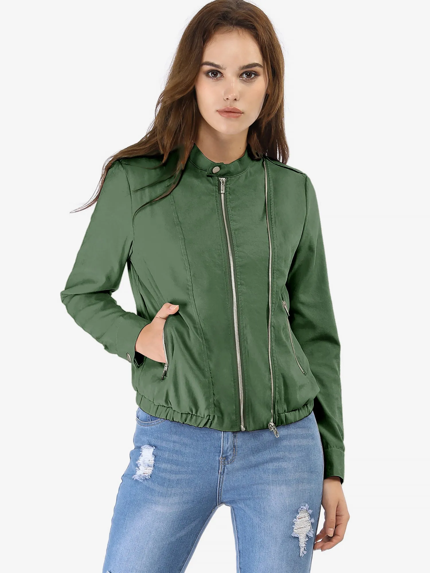 Casual Stand Collar Pocket Short Biker Lightweight Moto Jacket