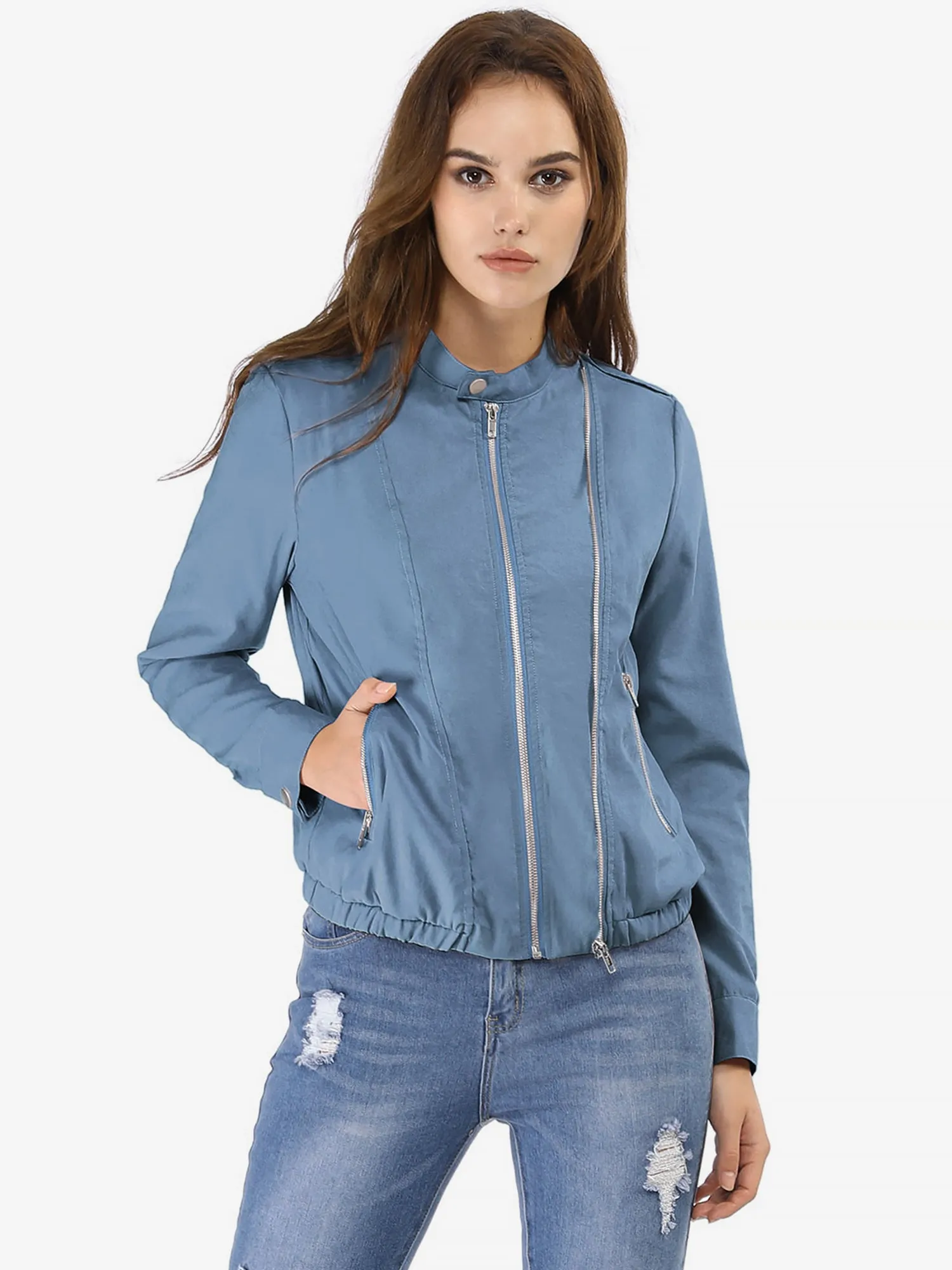 Casual Stand Collar Pocket Short Biker Lightweight Moto Jacket