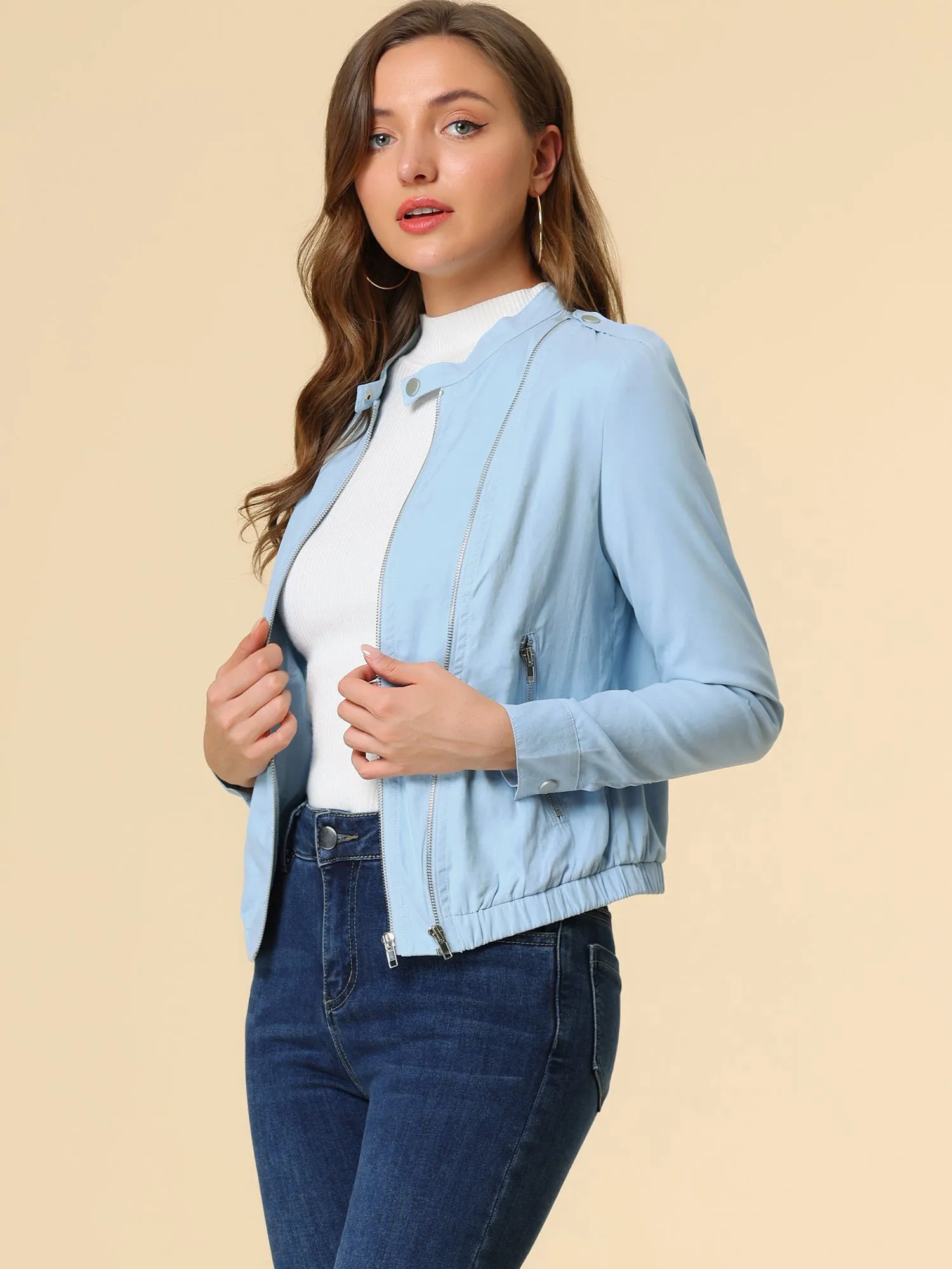 Casual Stand Collar Pocket Short Biker Lightweight Moto Jacket