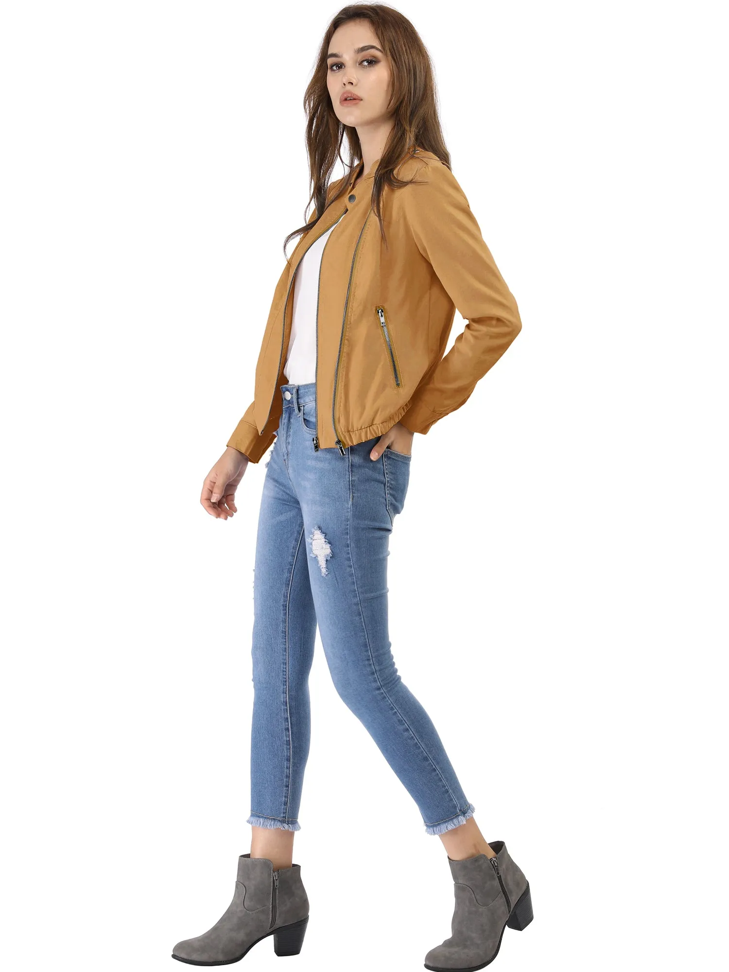 Casual Stand Collar Pocket Short Biker Lightweight Moto Jacket