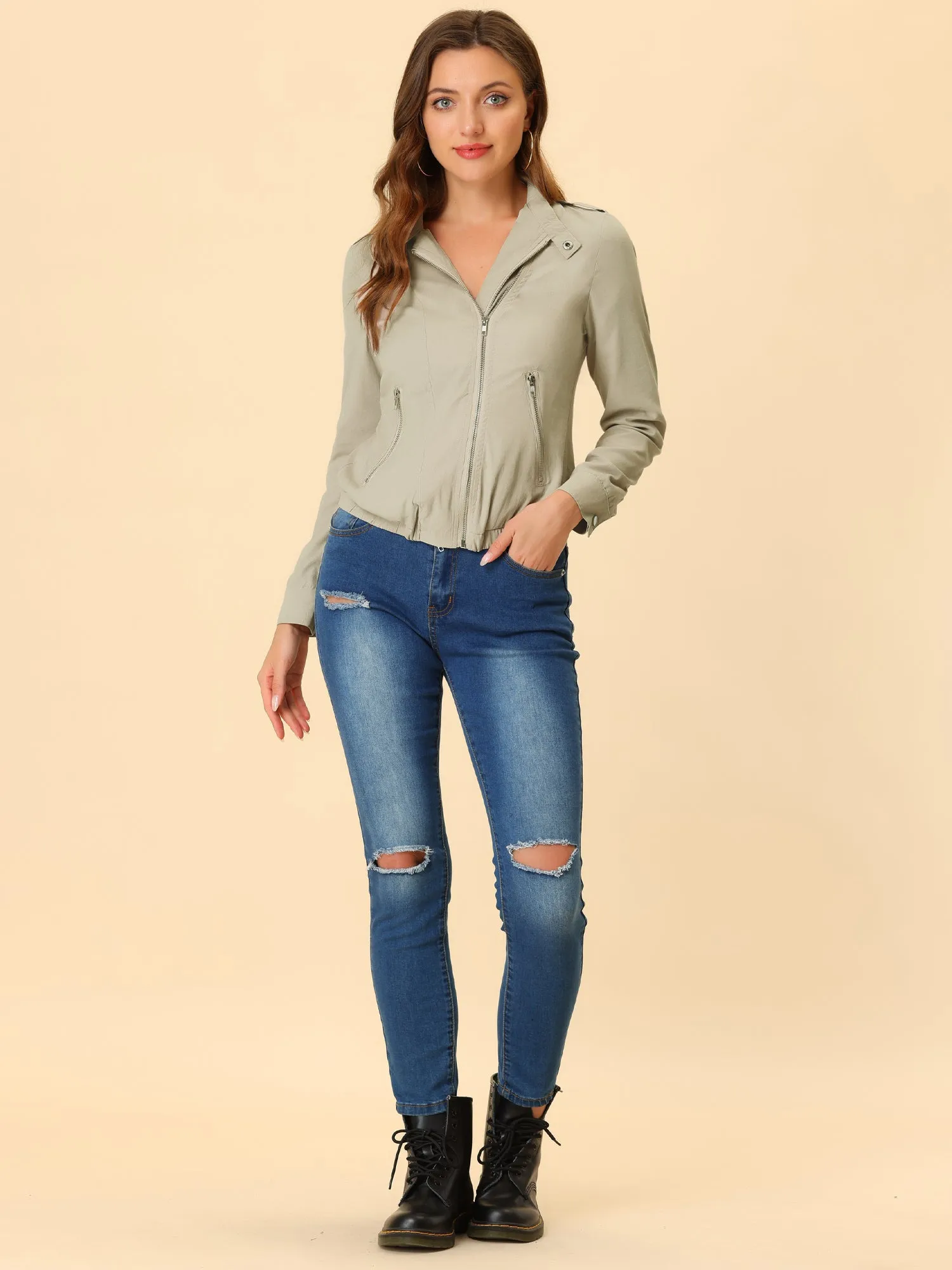 Casual Stand Collar Pocket Short Biker Lightweight Moto Jacket