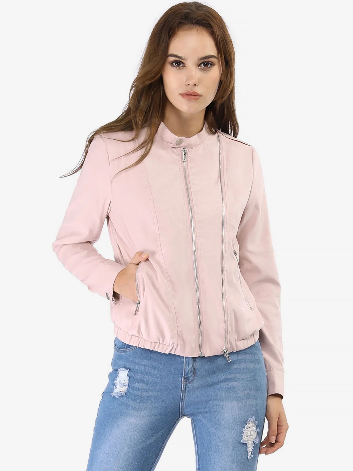 Casual Stand Collar Pocket Short Biker Lightweight Moto Jacket
