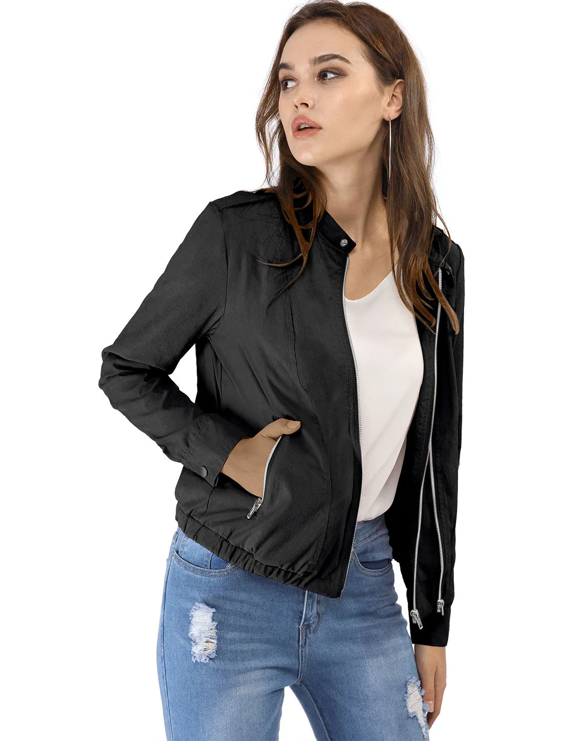 Casual Stand Collar Pocket Short Biker Lightweight Moto Jacket