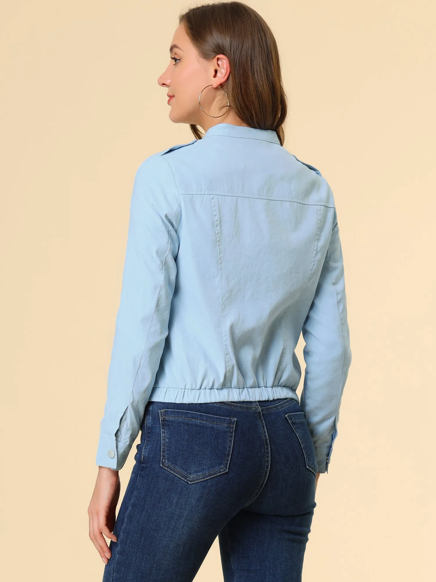 Casual Stand Collar Pocket Short Biker Lightweight Moto Jacket