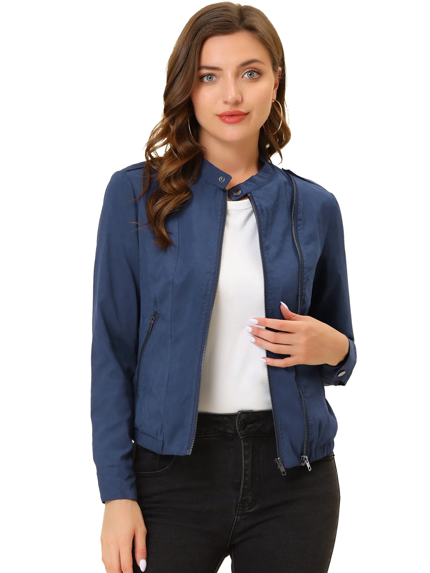 Casual Stand Collar Pocket Short Biker Lightweight Moto Jacket